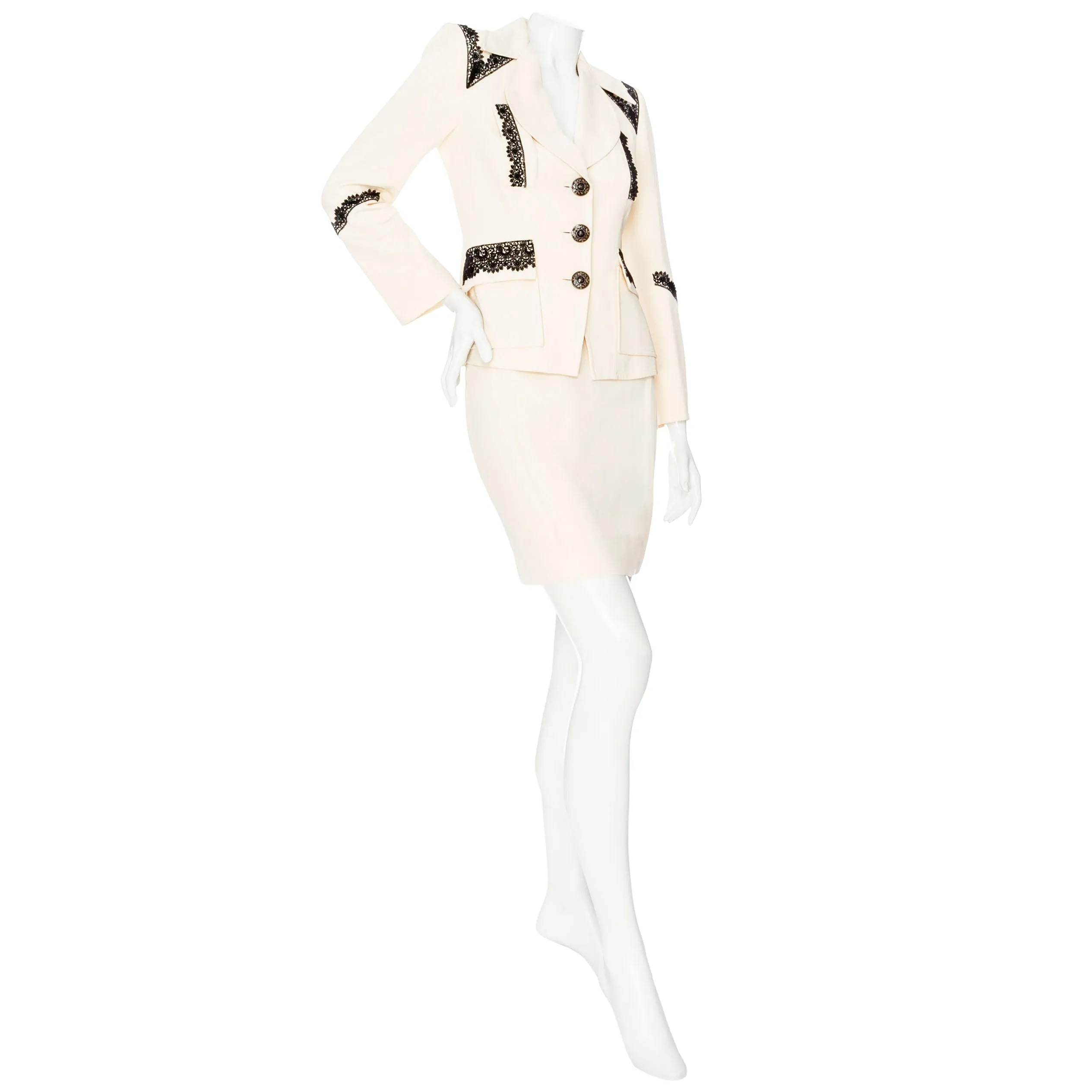 1990s Cream and Black Lace-Trim Skirt Suit