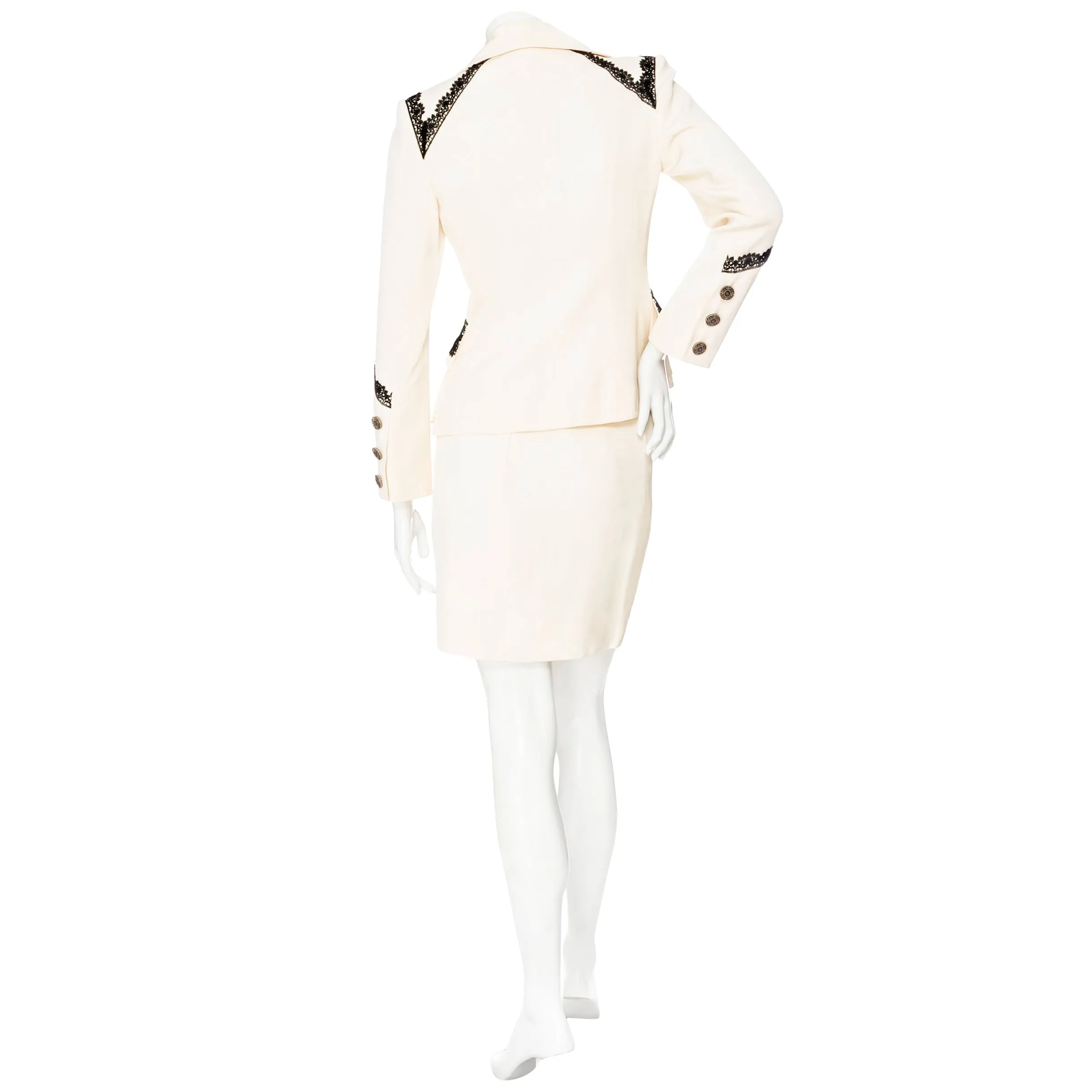 1990s Cream and Black Lace-Trim Skirt Suit