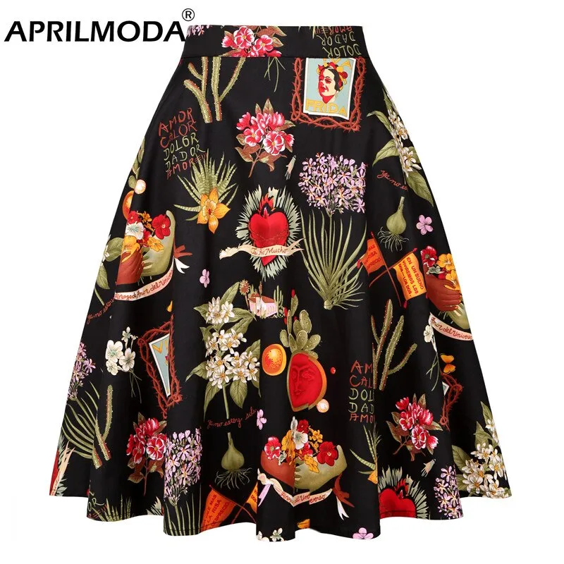 2023 Summer A Line Vintage Floral High Waist Midi Skirt