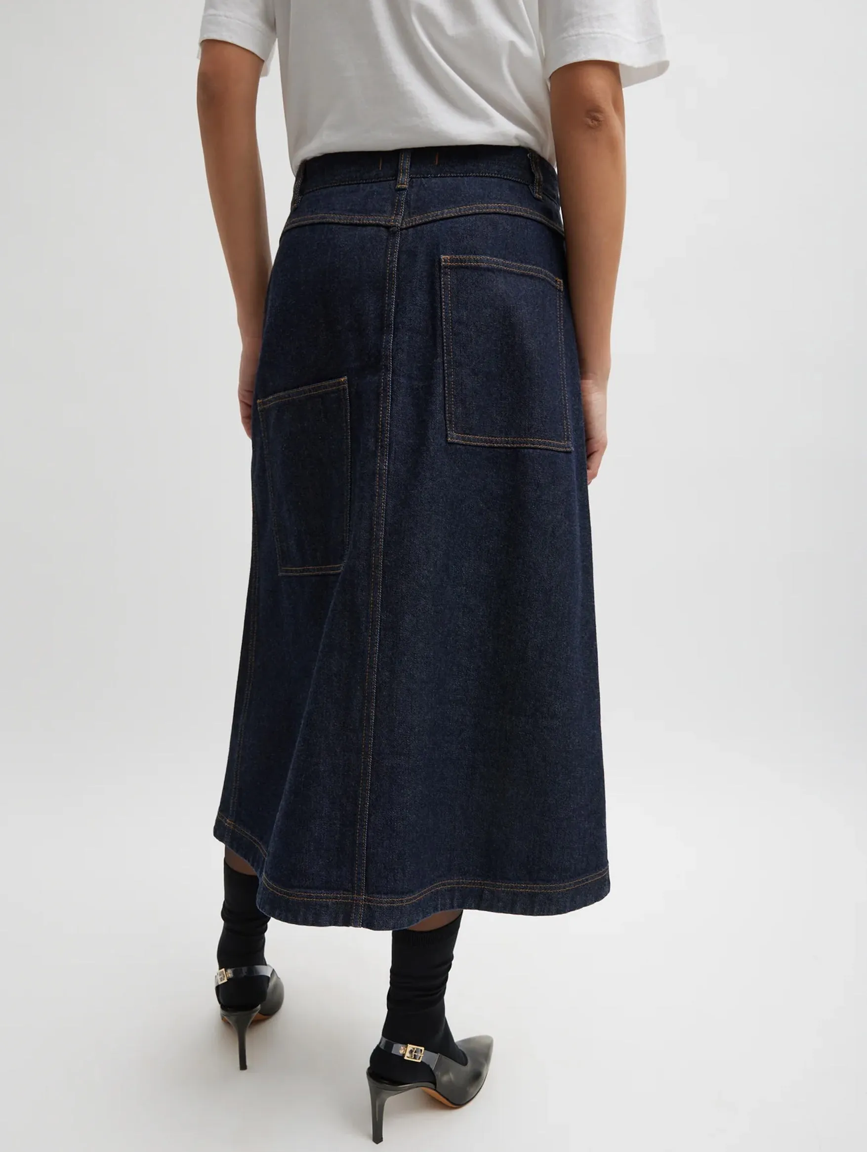 A-Line Midi Skirt in Indigo Denim