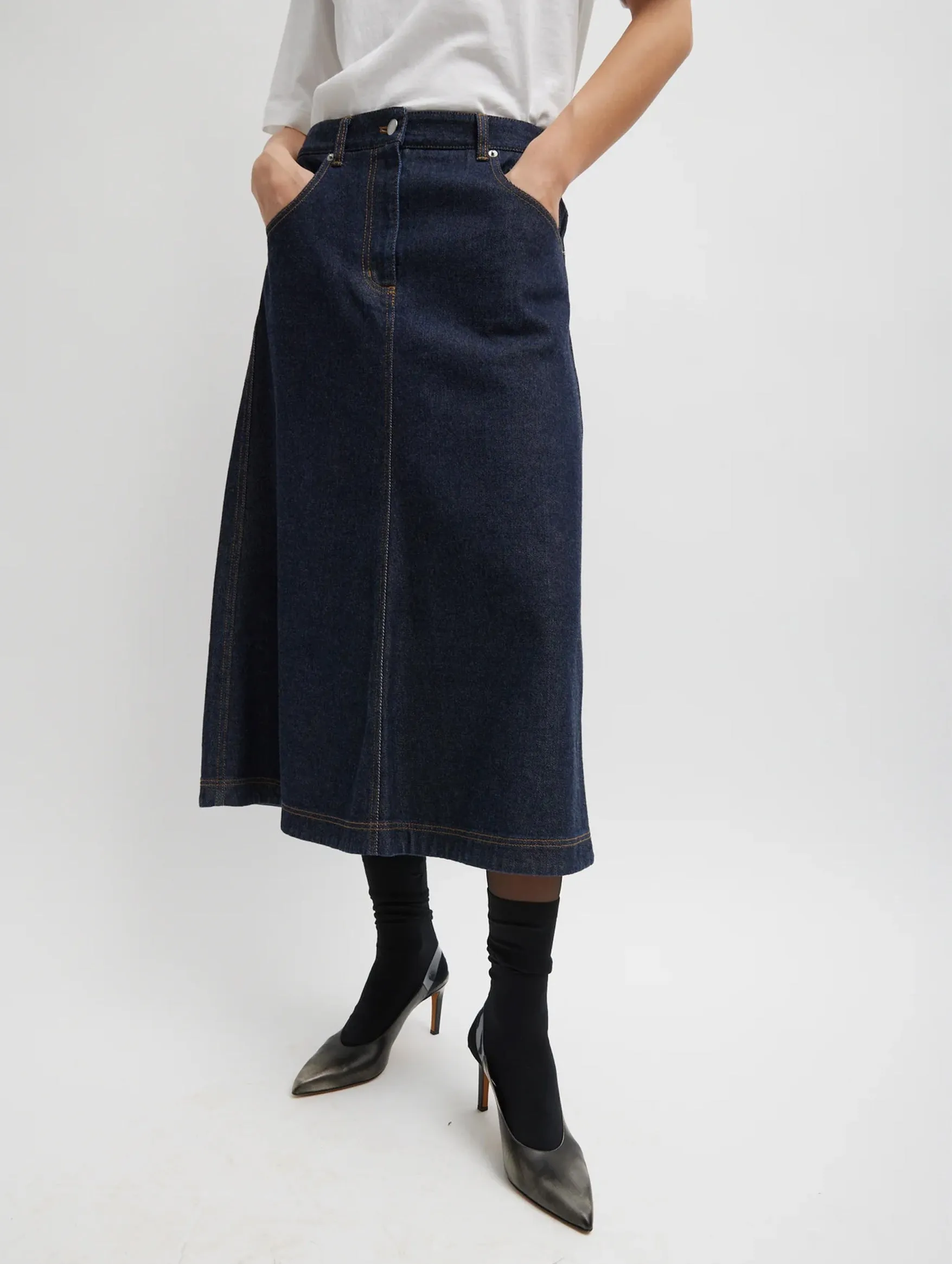 A-Line Midi Skirt in Indigo Denim