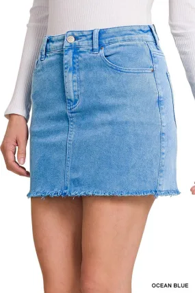 Acid Washed Colored Fray Hem Denim Skirt