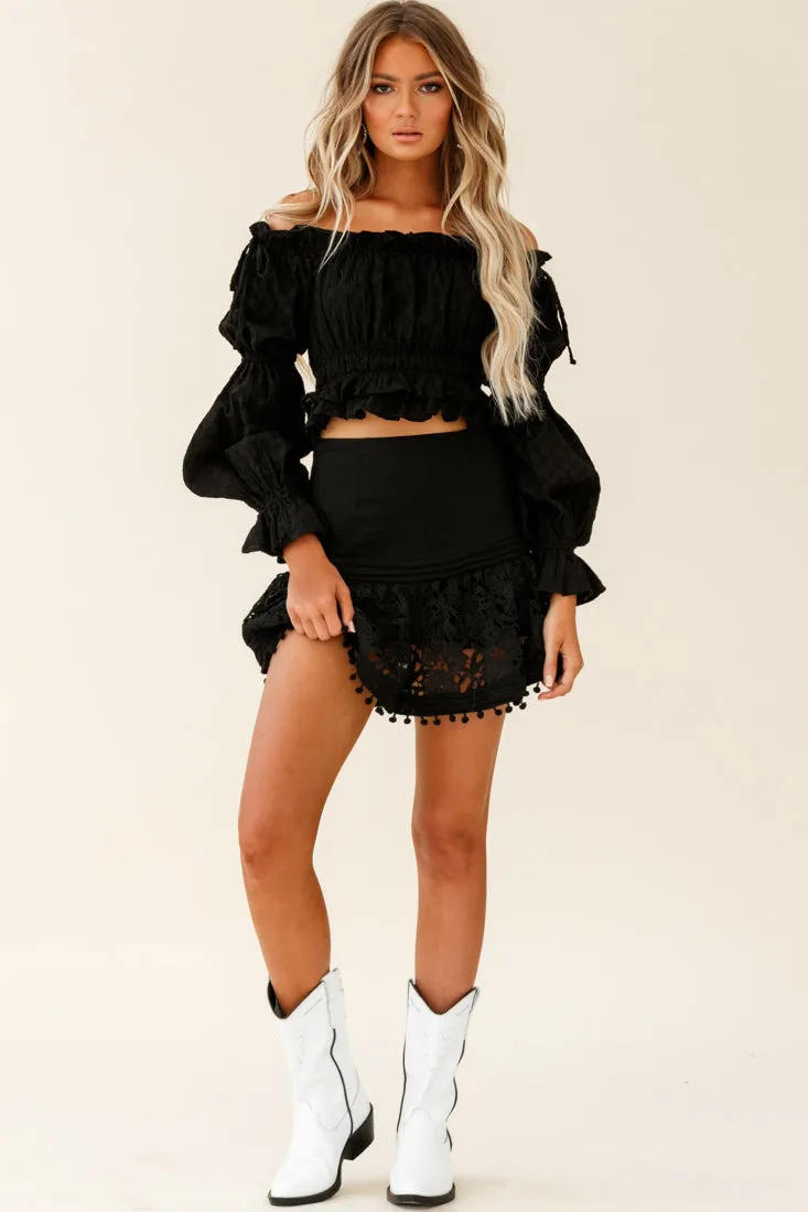 Adrielle Lace Detail Fluted Hem Mini Skirt Black