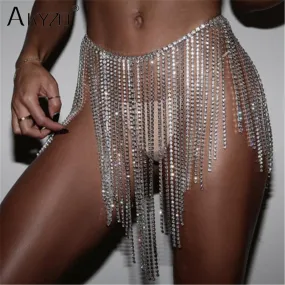 AKYZO Super Sparkly Rhinestone Tassel Chain Nightclub Beach Mini Skirt