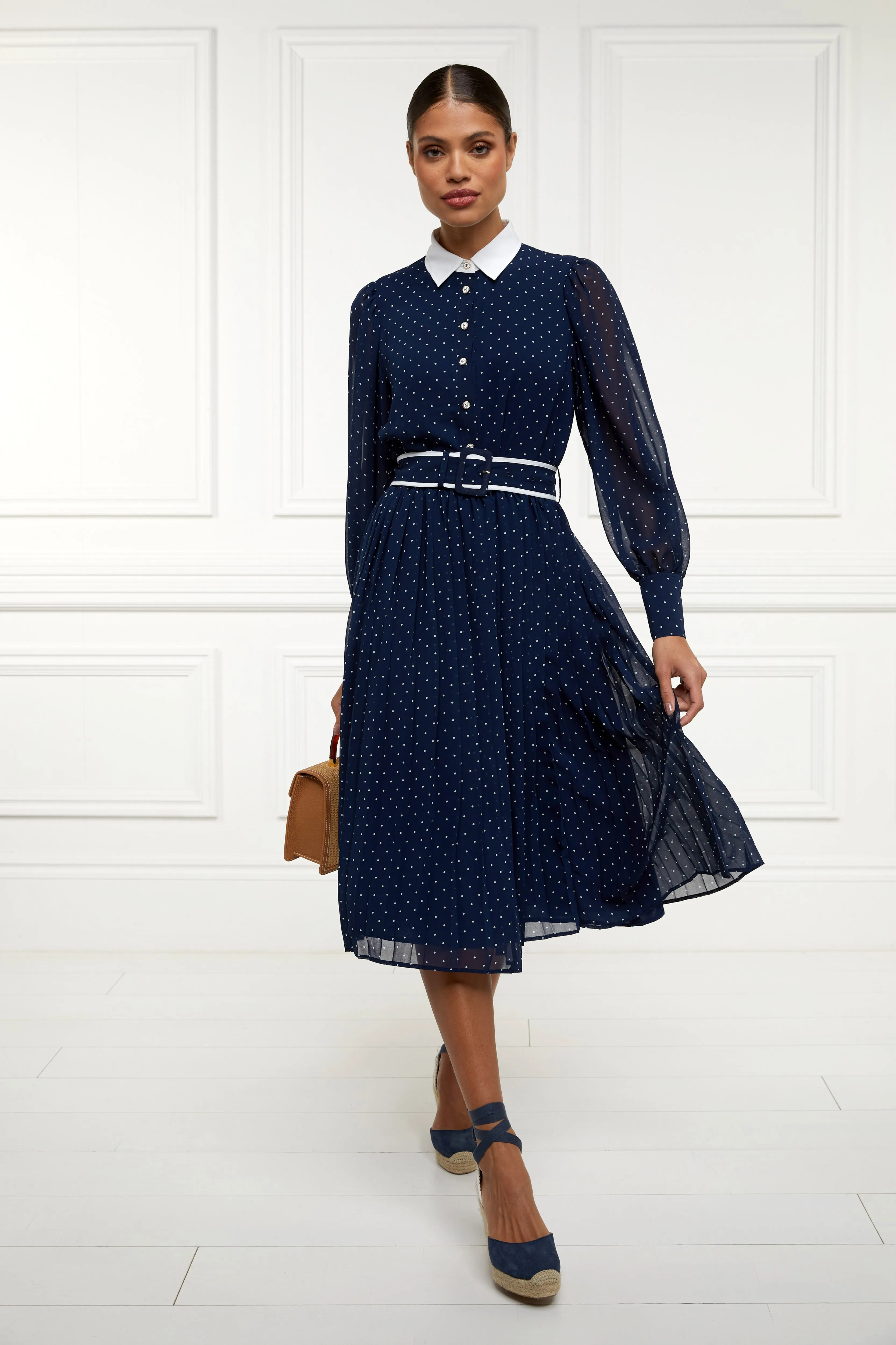 Annabel Pleated Midi Dress (Ink Navy Polka Dot)