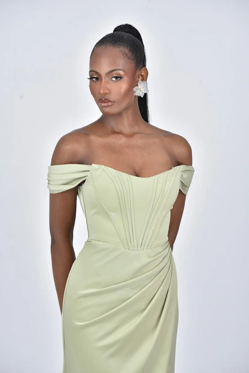 ARIANNA Detachable Off Shoulder Corset Bridesmaids Maxi Dress with Side Split - Sage Green