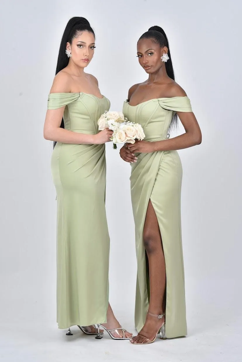 ARIANNA Detachable Off Shoulder Corset Bridesmaids Maxi Dress with Side Split - Sage Green