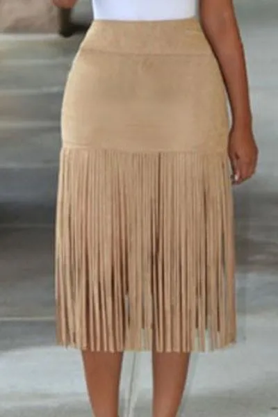 Beige High Waist Fringe Suede Midi Skirt