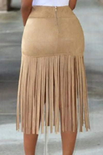 Beige High Waist Fringe Suede Midi Skirt