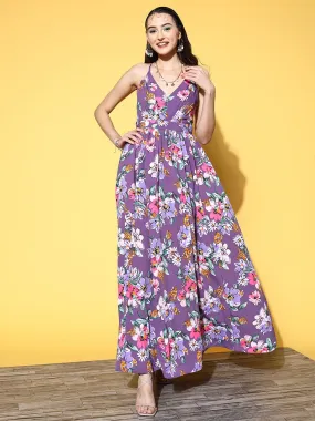 Berrylush Woman Purple & Pink Floral Printed V-Neck Crepe Pleated Fit & Flare Maxi Dress