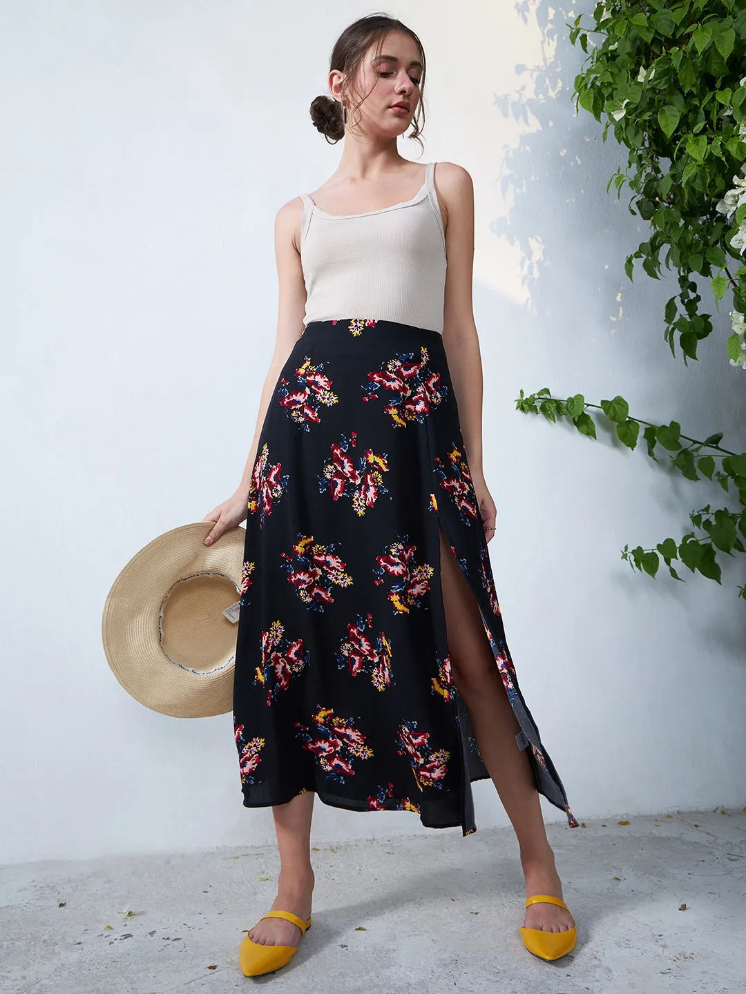 Berrylush Women Black & Orange Floral Printed Thigh-High Slit Flared A-Line Midi Skirt