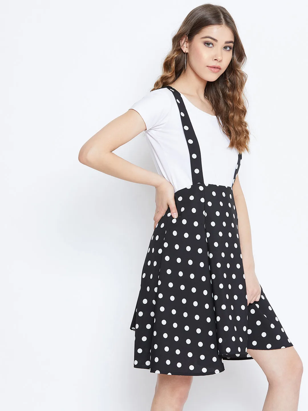 Berrylush Women Black & White Polka Dot Printed Mid-Rise Flared Mini Skirt With Shoulder Straps