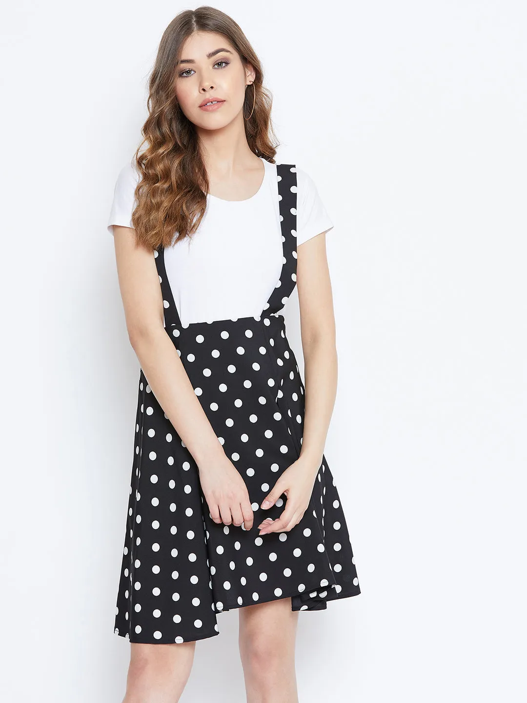 Berrylush Women Black & White Polka Dot Printed Mid-Rise Flared Mini Skirt With Shoulder Straps