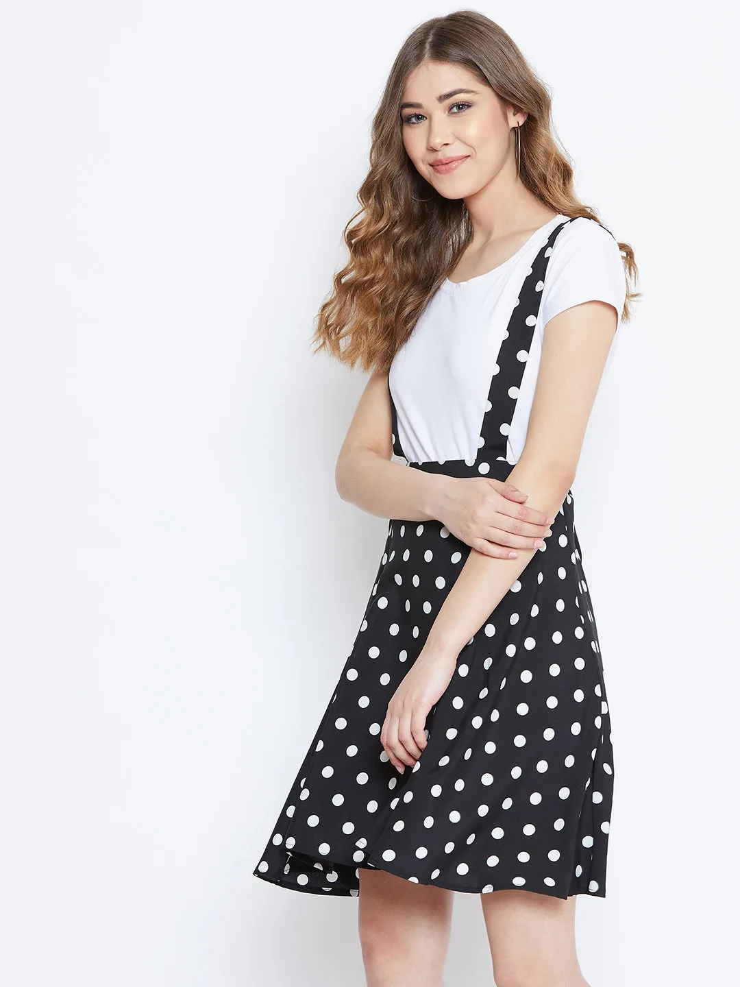 Berrylush Women Black & White Polka Dot Printed Mid-Rise Flared Mini Skirt With Shoulder Straps