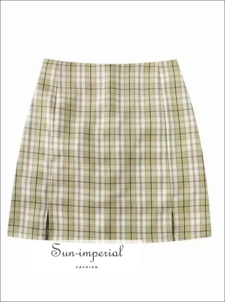 Black Double front Slit High Waist Plaid Slim Vintage Green Gingham Checkered Mini Skirt