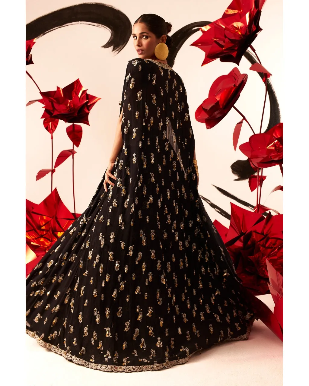 Black Floret Lehenga & Cape Set