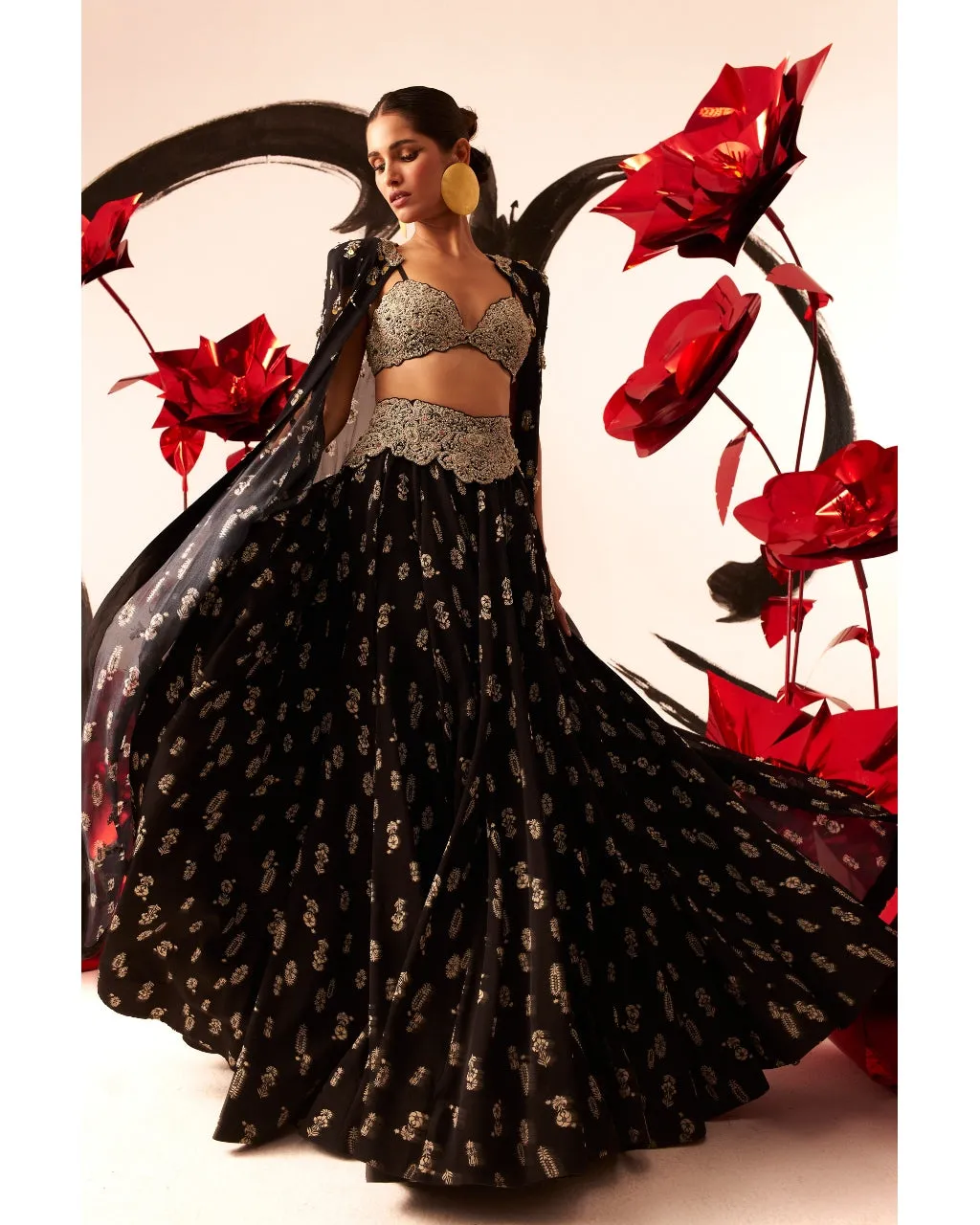 Black Floret Lehenga & Cape Set