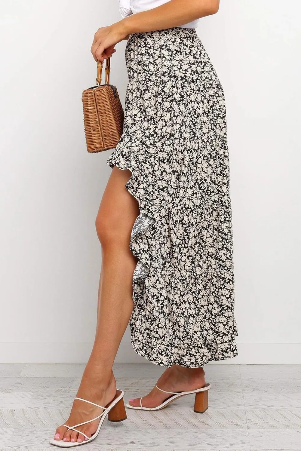 Black High Waist Printed Mid Length Skirt