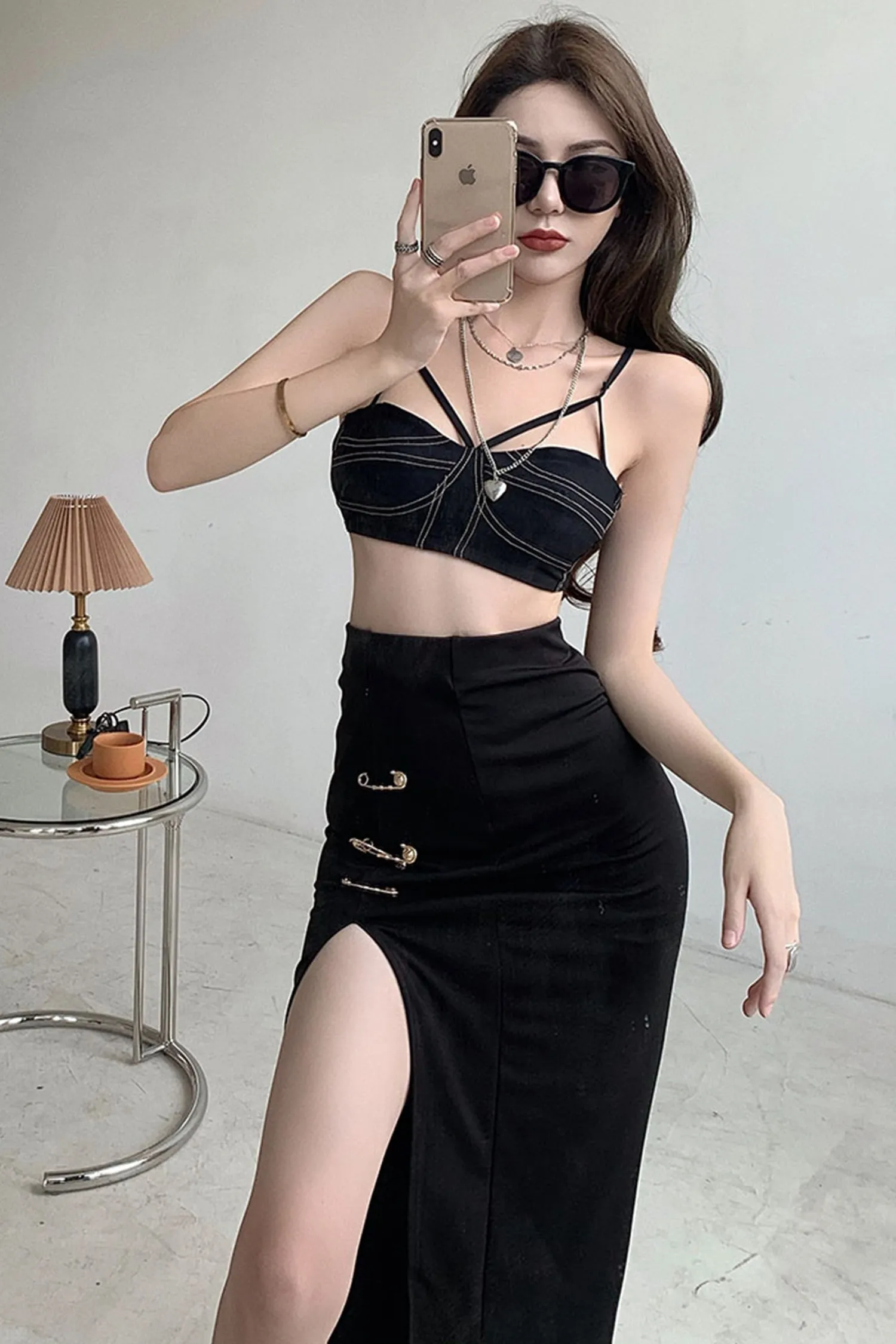 Black High Waisted Split Safety Pin Midi Skirt