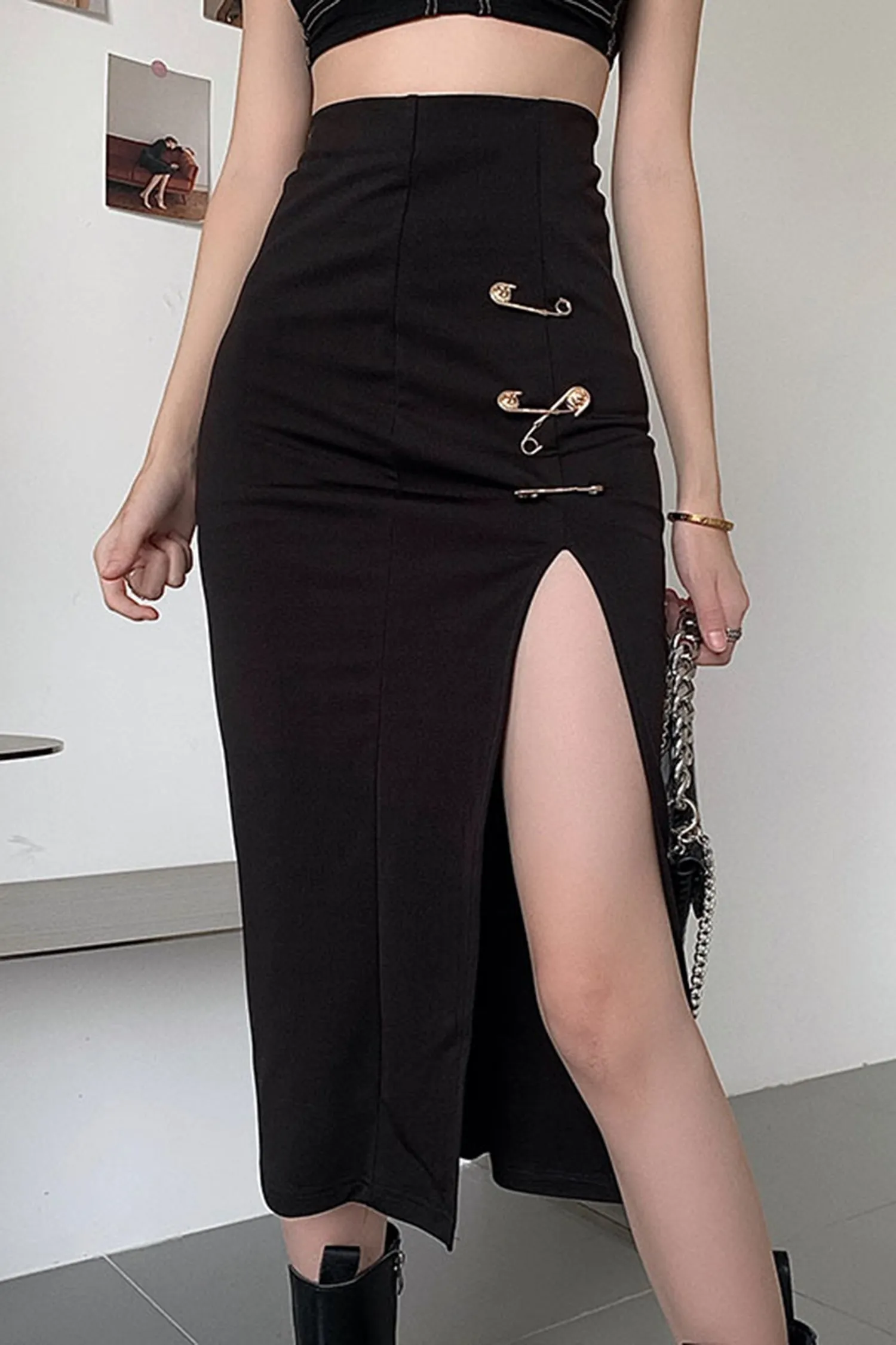 Black High Waisted Split Safety Pin Midi Skirt