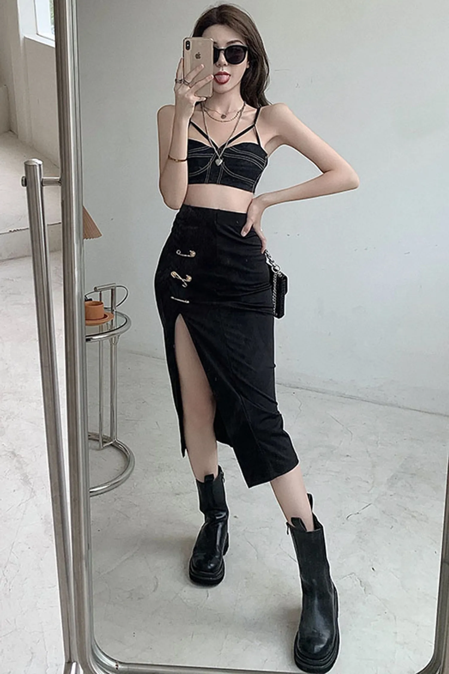 Black High Waisted Split Safety Pin Midi Skirt