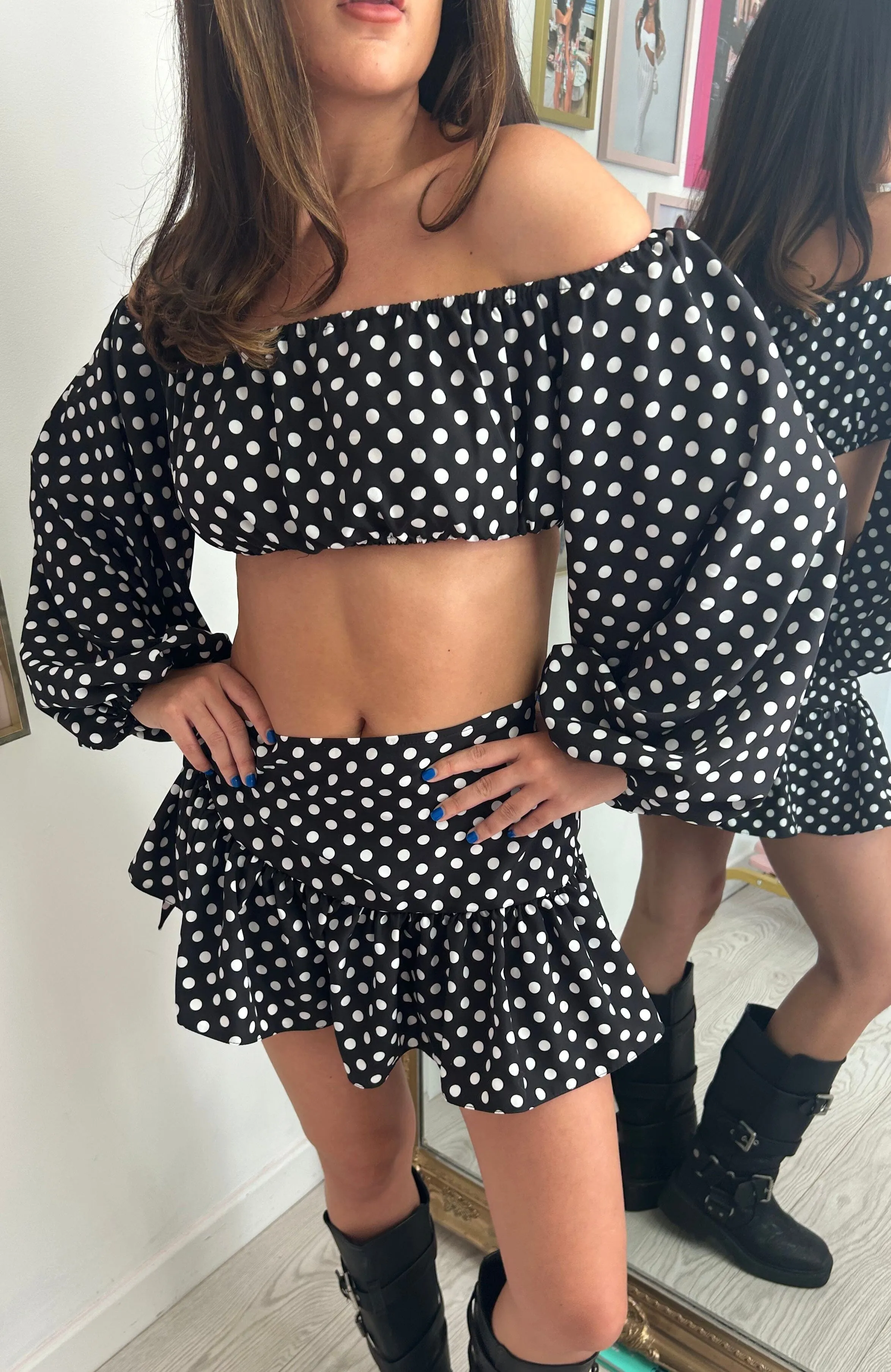 Black Polka Dot Crop Top and Frill Mini Skirt