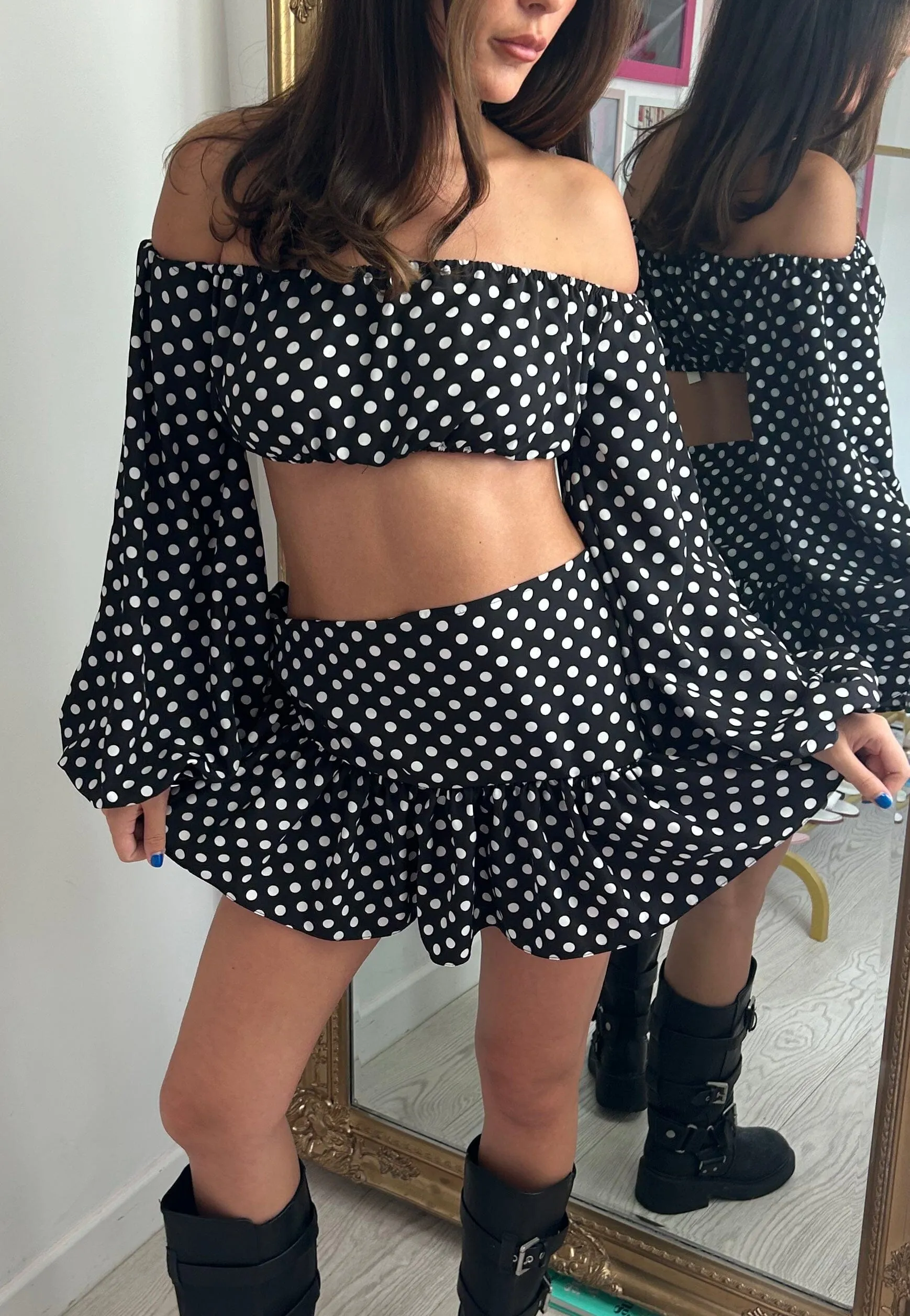 Black Polka Dot Crop Top and Frill Mini Skirt