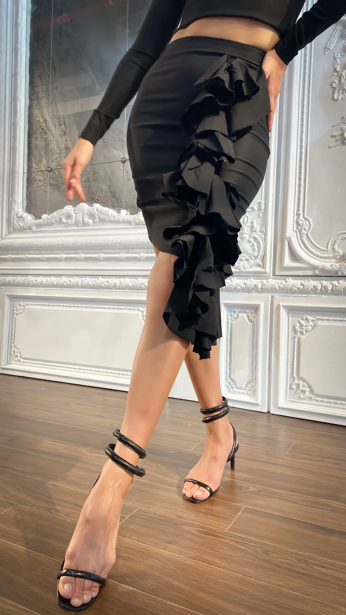 Black Ruffle Asymmetrical Skirt