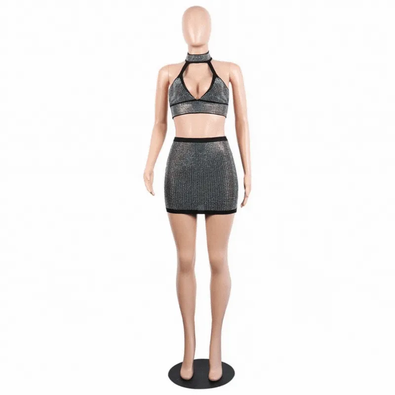 Black Two Piece Diamond Mini Skirt Set