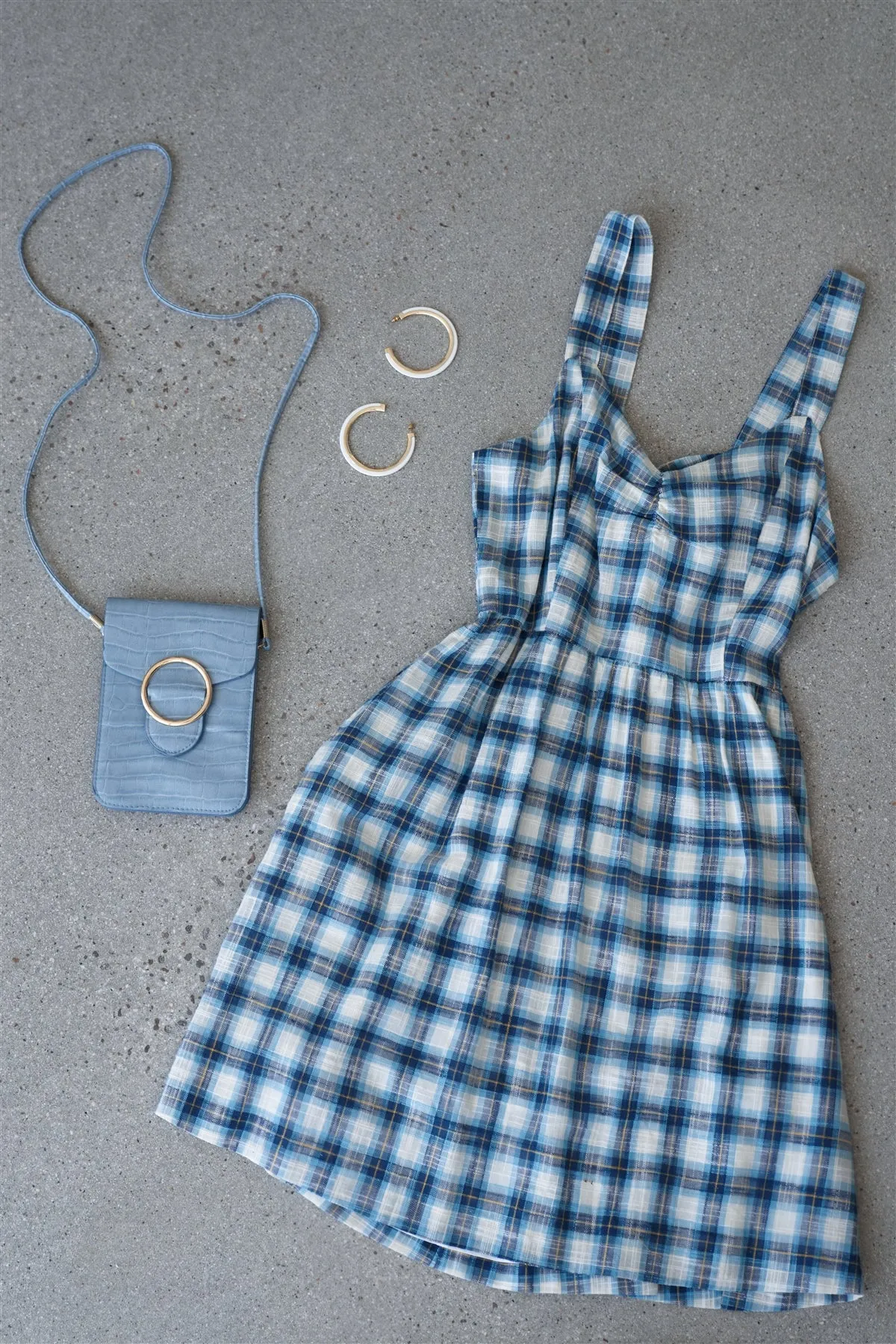 Blue Plaid Stripe Cut Out Back Bow Midi Sundress