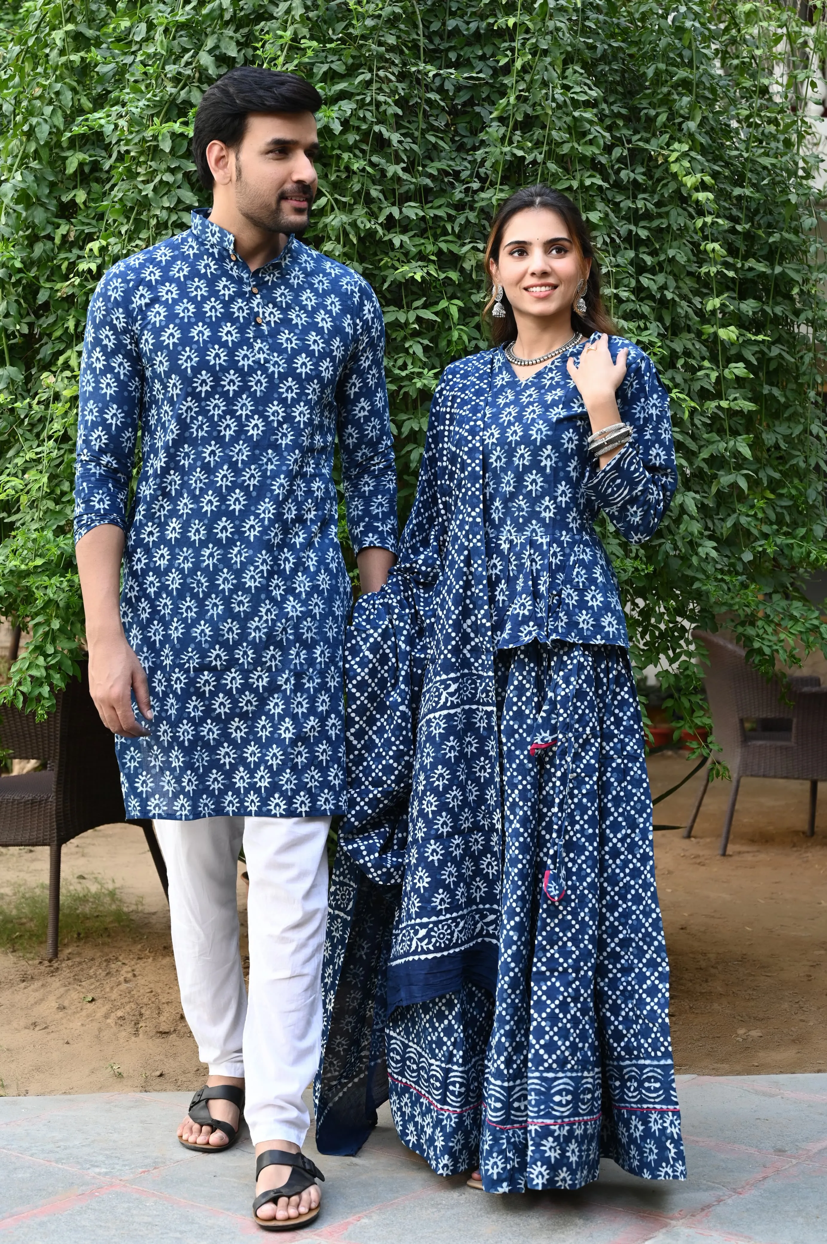 BLue Pure Cotton Twinning Couple Set In Block Print