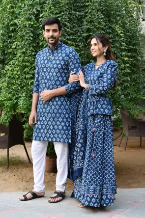 BLue Pure Cotton Twinning Couple Set In Block Print