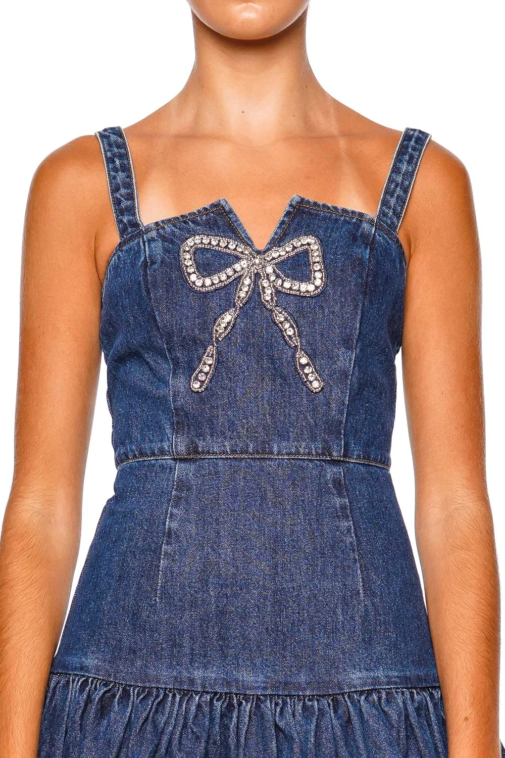 Bow Embellished Denim Mini Dress