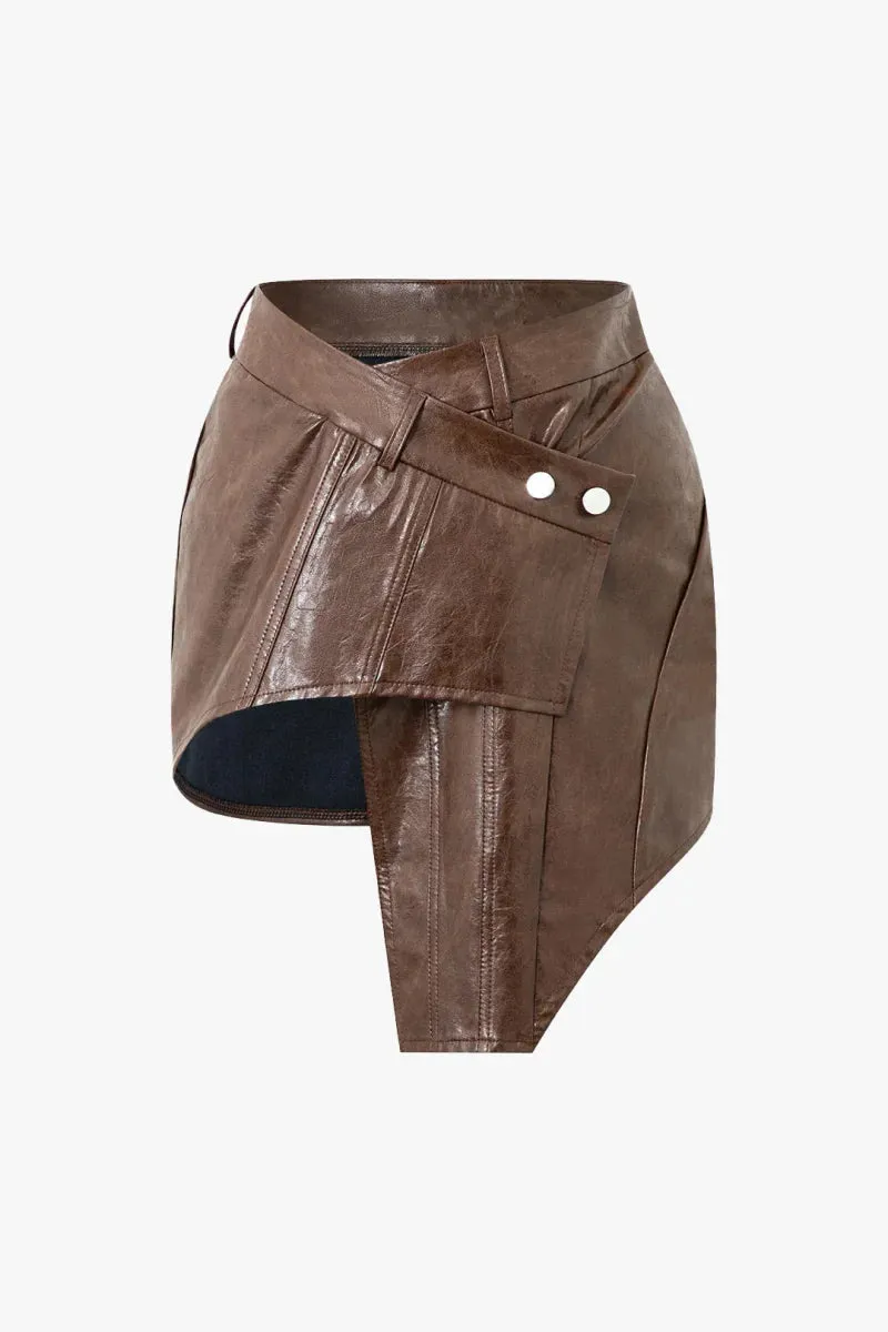 Brown Asymmetrical Leather Mini Skirt