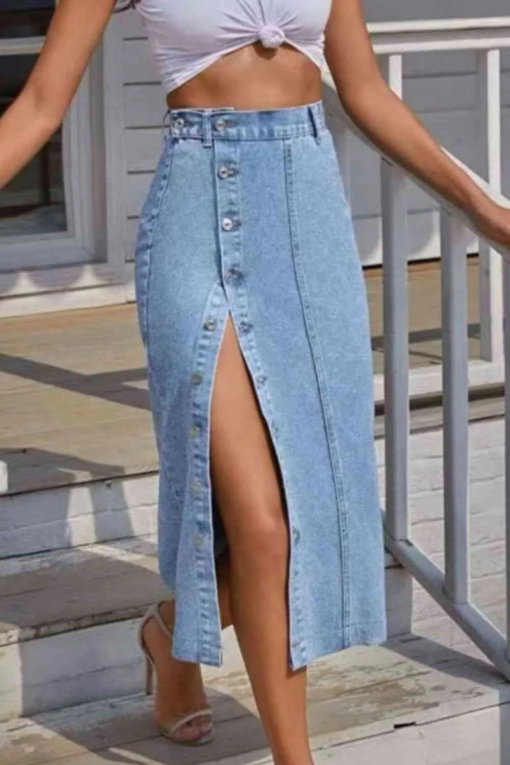 Buttoned Split Denim Skirt