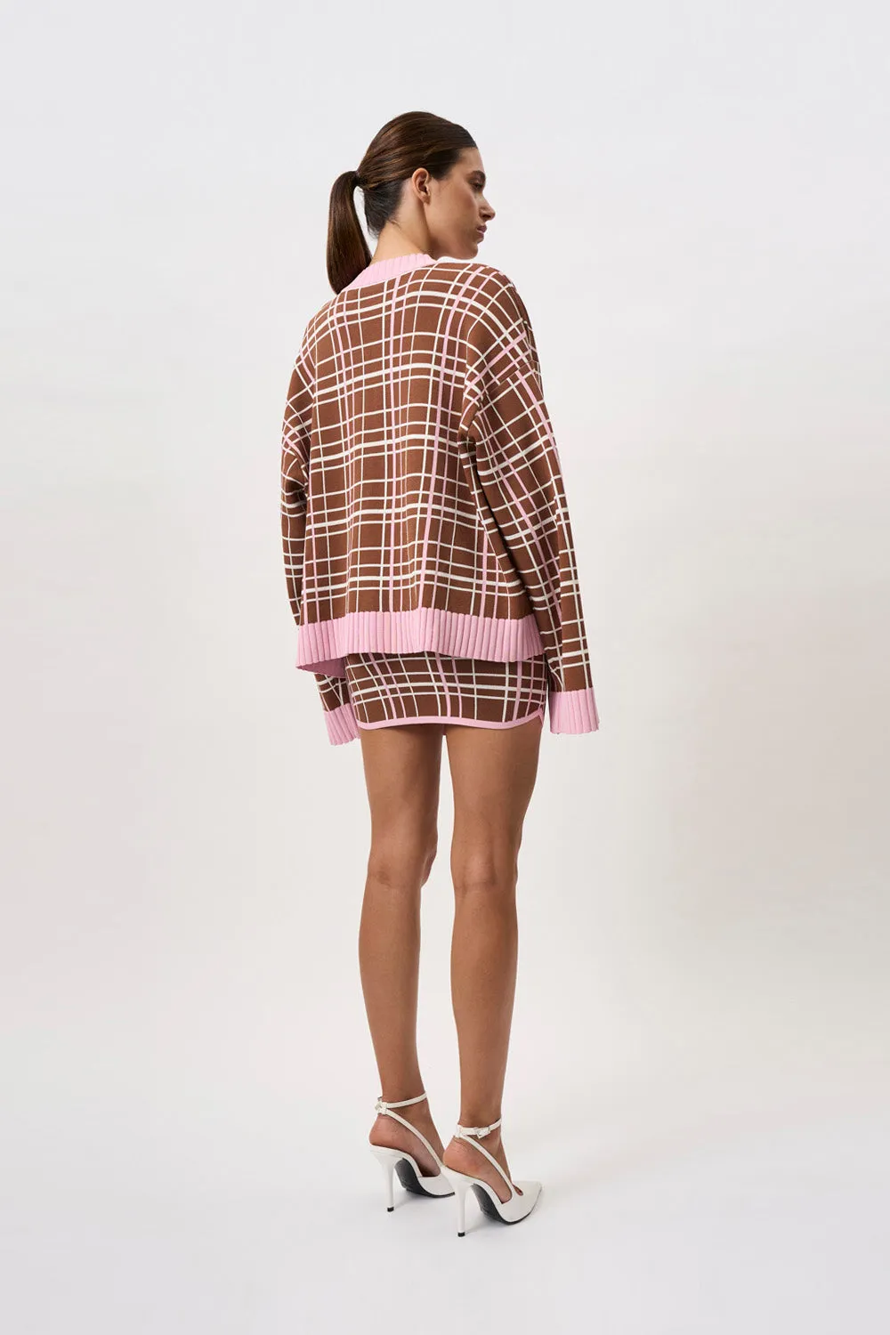 Carolina Check Knit Mini Skirt - Brown Pink