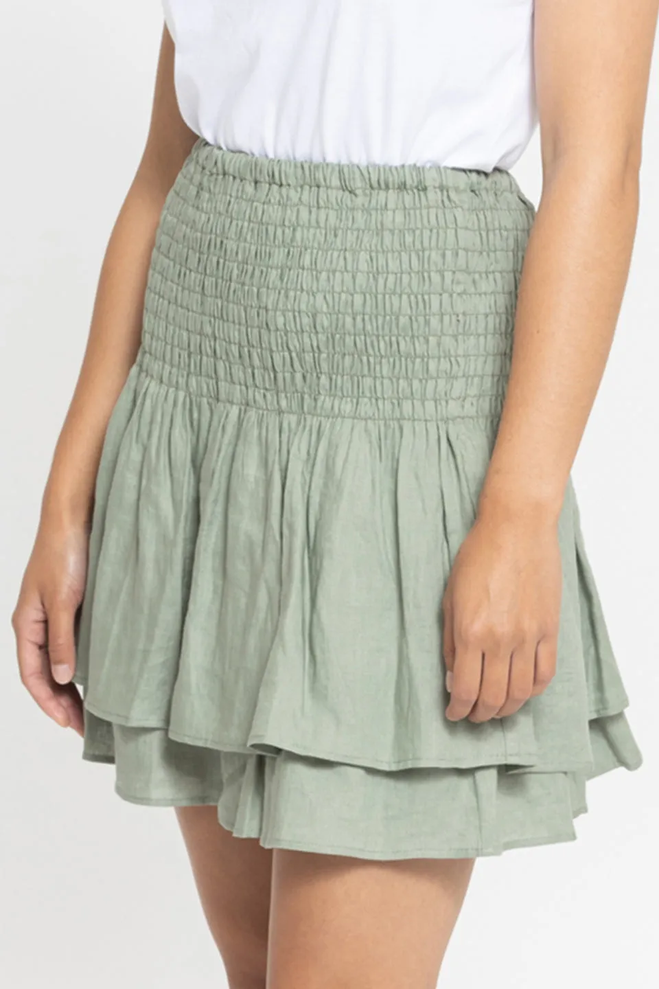 Carried Away Sea Green Shirred Linen Frill Mini Skirt