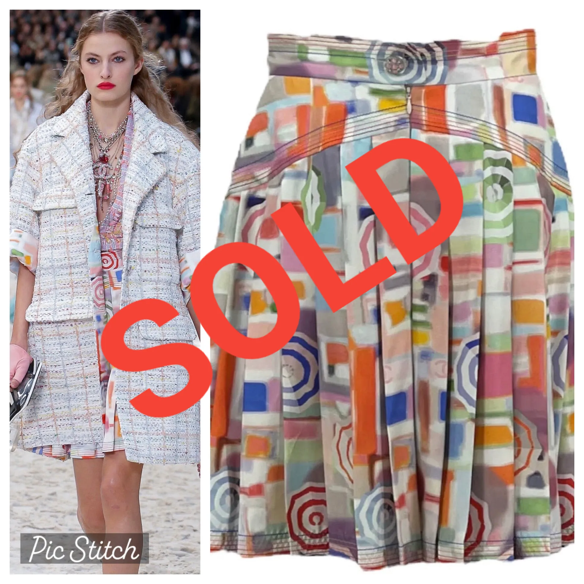 Chanel 19P 2019 Spring Runway Umbrella Motif Silk Multicolor Pleated Skirt FR 42 US 6