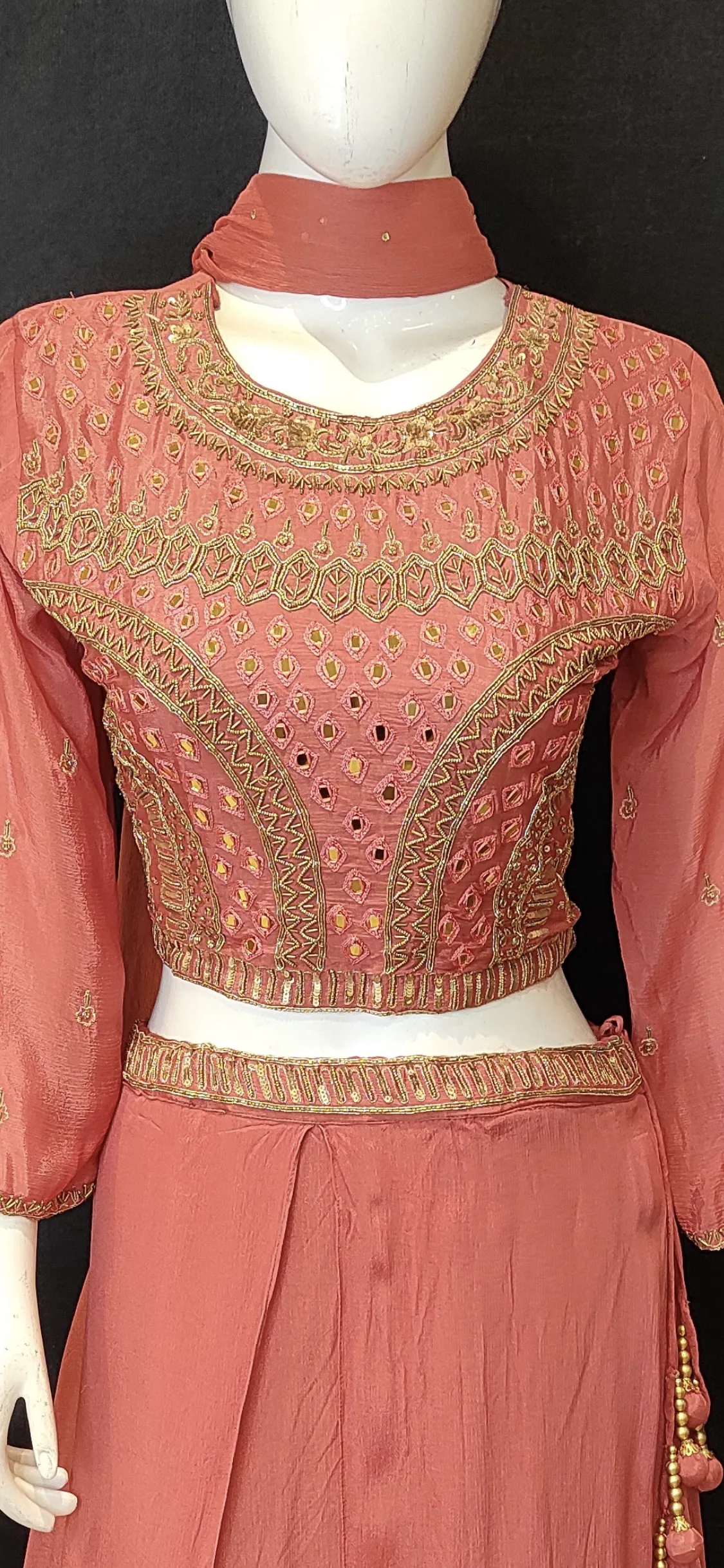 Chinon Blouse and Skirt with Hand Work and Dupatta