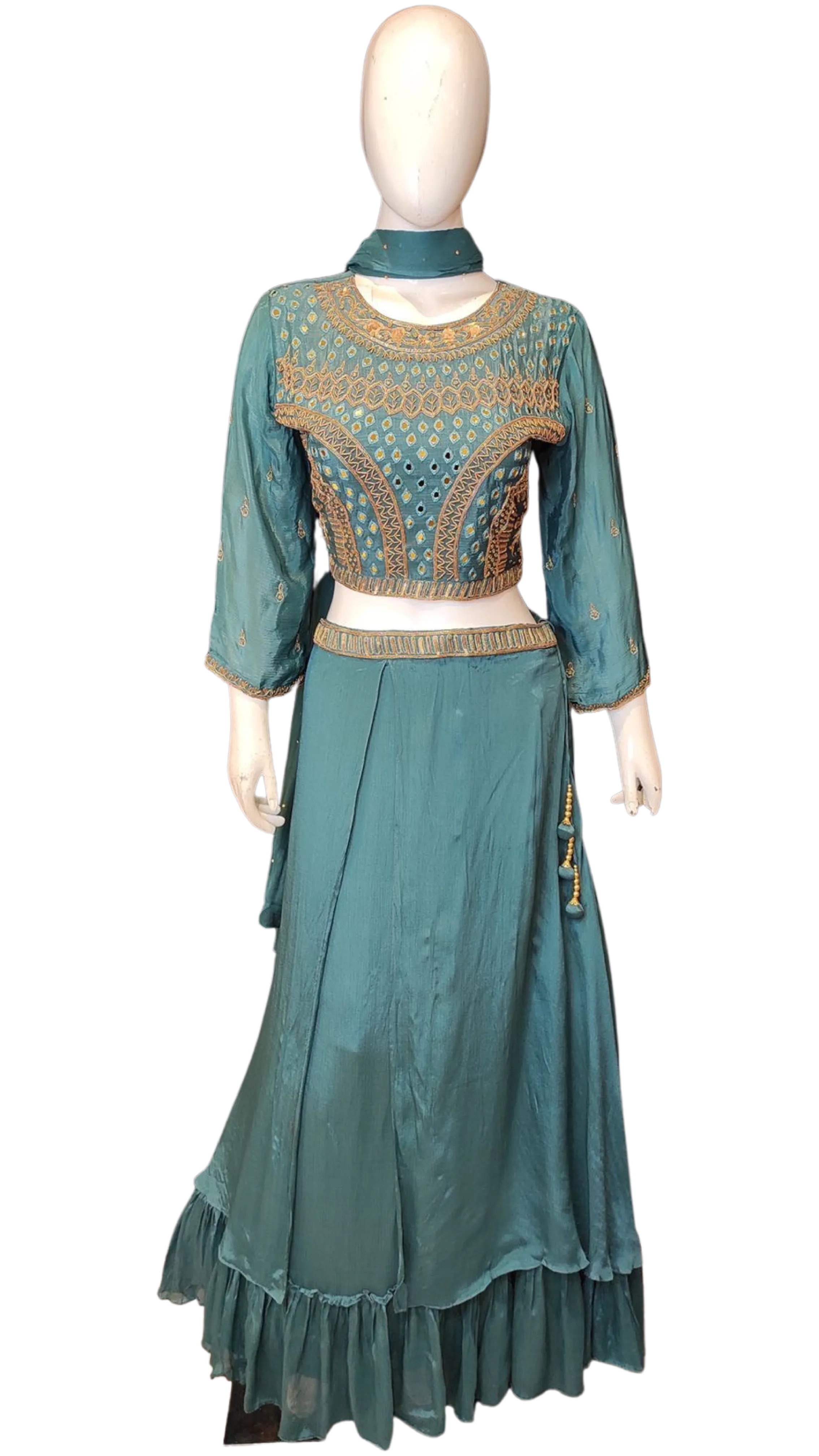 Chinon Blouse and Skirt with Hand Work and Dupatta