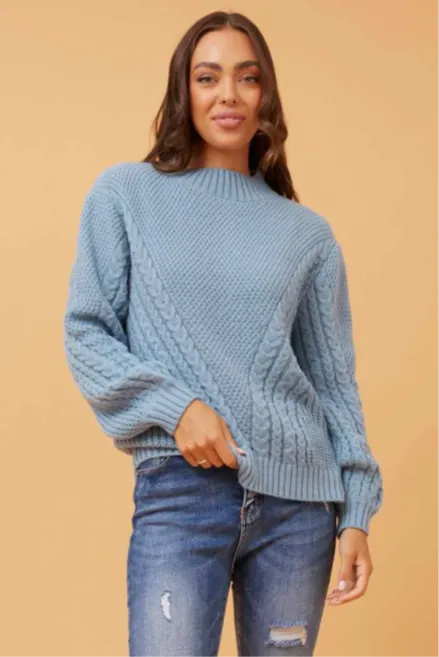 Crew Neck Cable Knit Blue