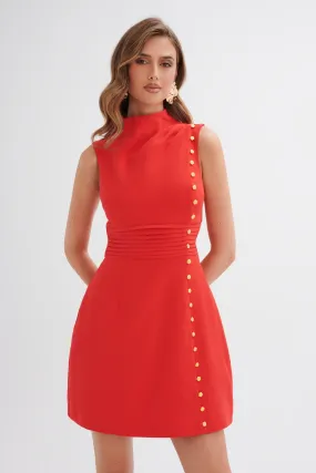 Red Mini Dress with High Neck and Rose Buttons - DANYA