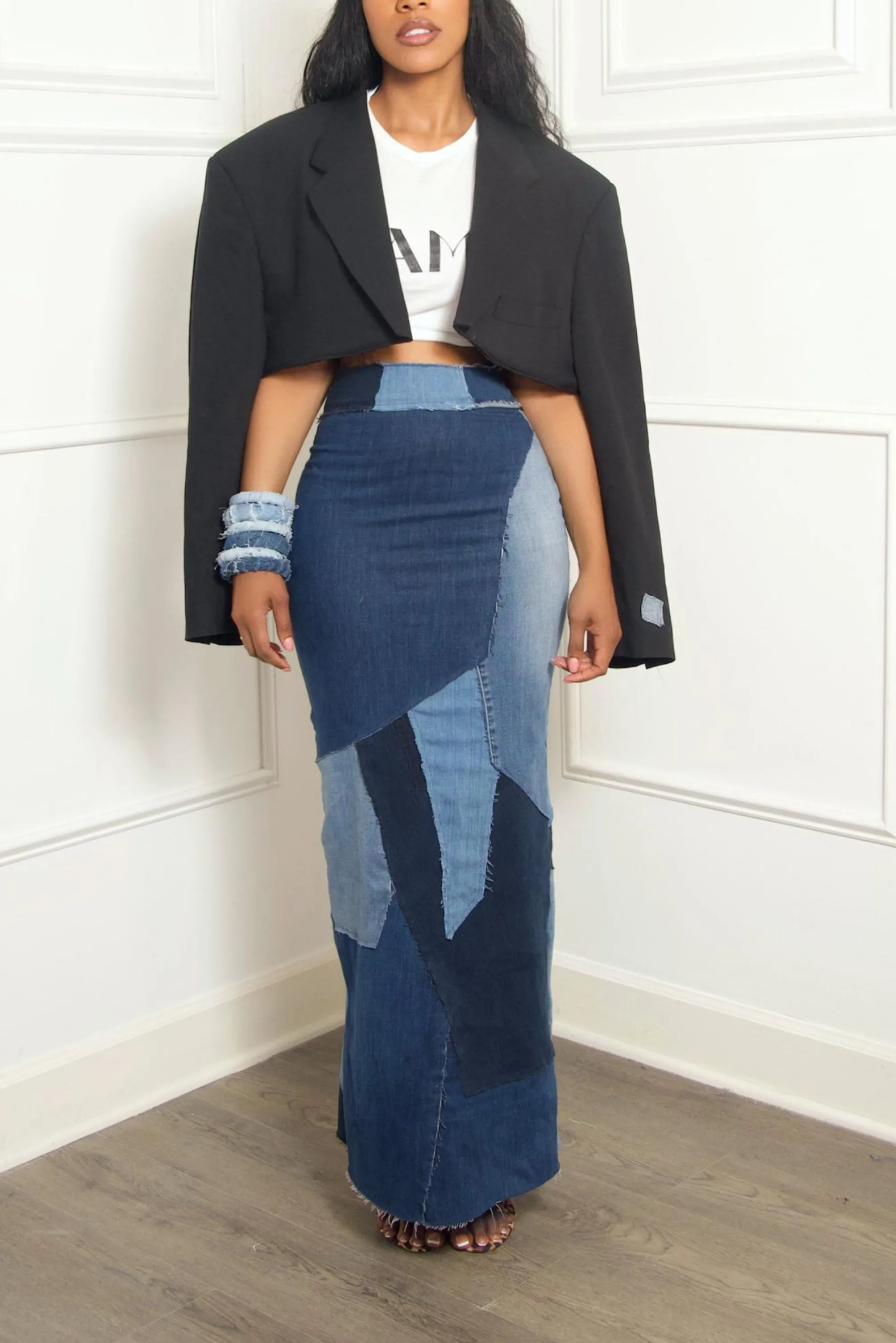 Denim patchwork mermaid long pencil skirt