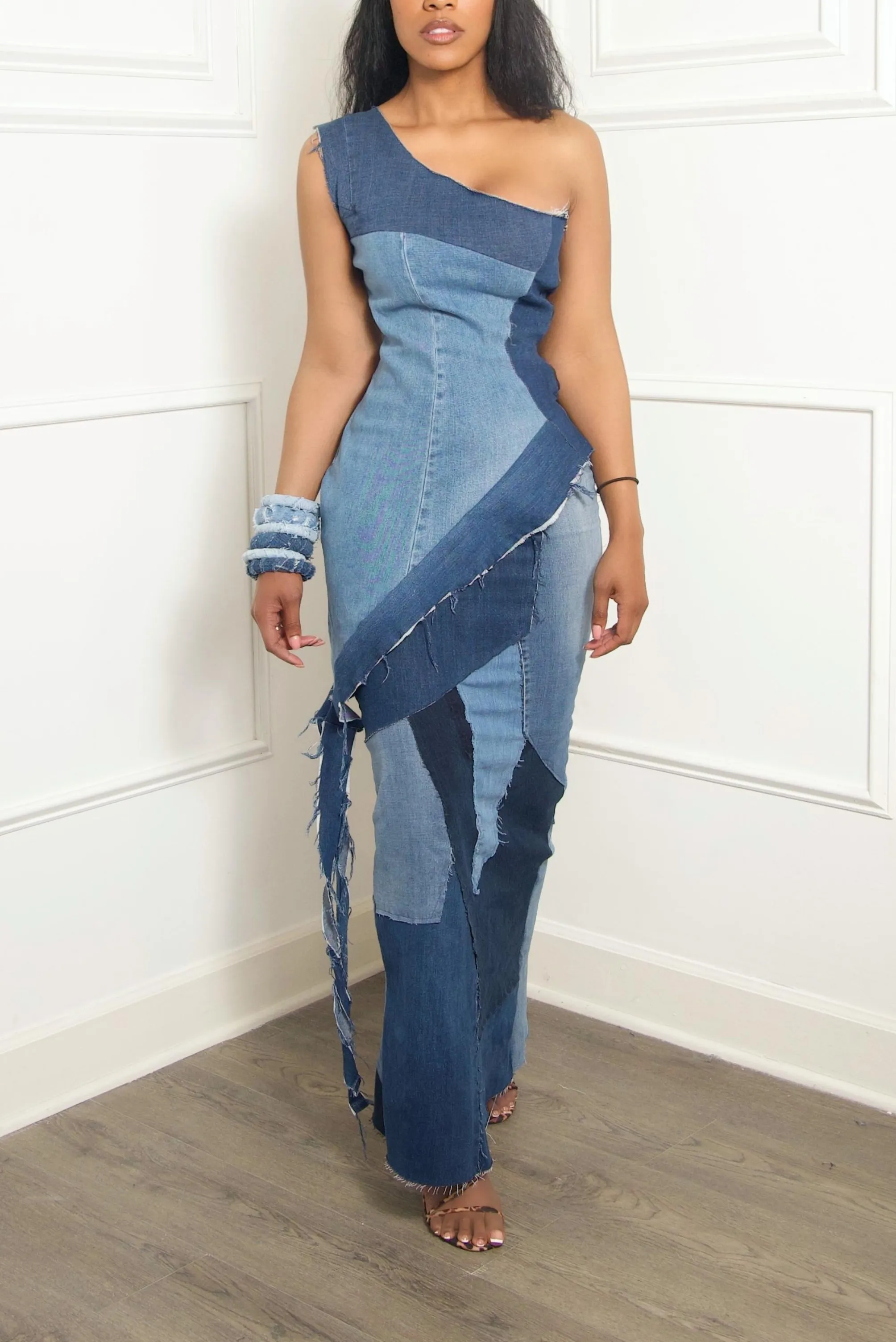 Denim patchwork mermaid long pencil skirt