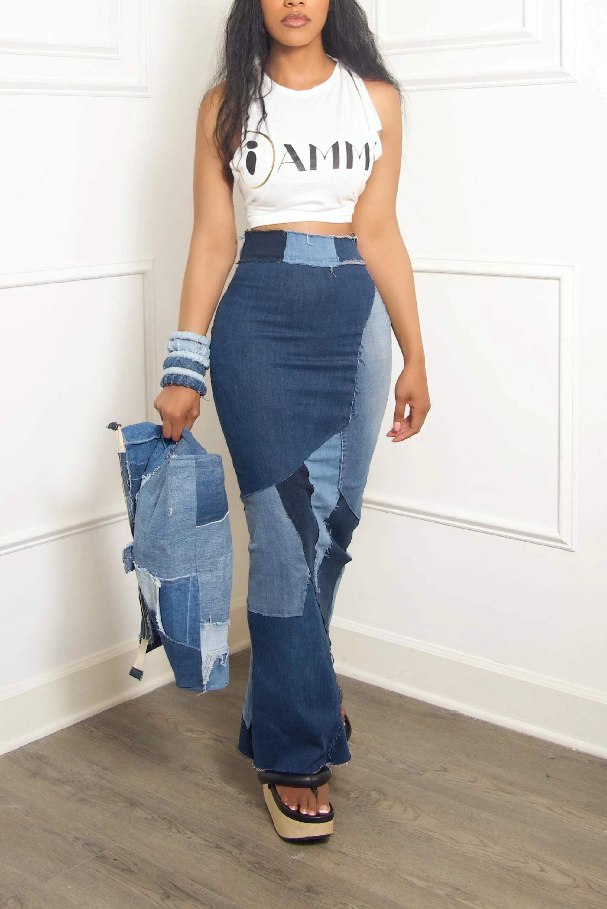 Denim patchwork mermaid long pencil skirt