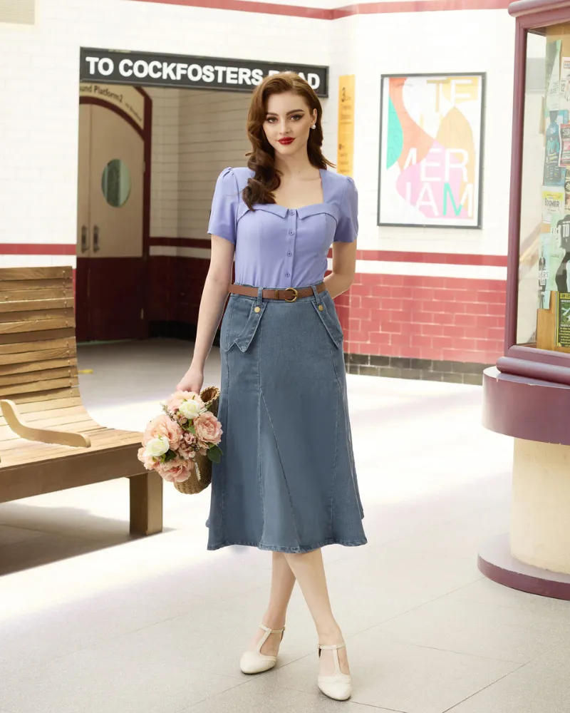 Denim Skirts Knee Length Vintage Elastic High Waist A-Line Midi Jean Skirts with Pockets