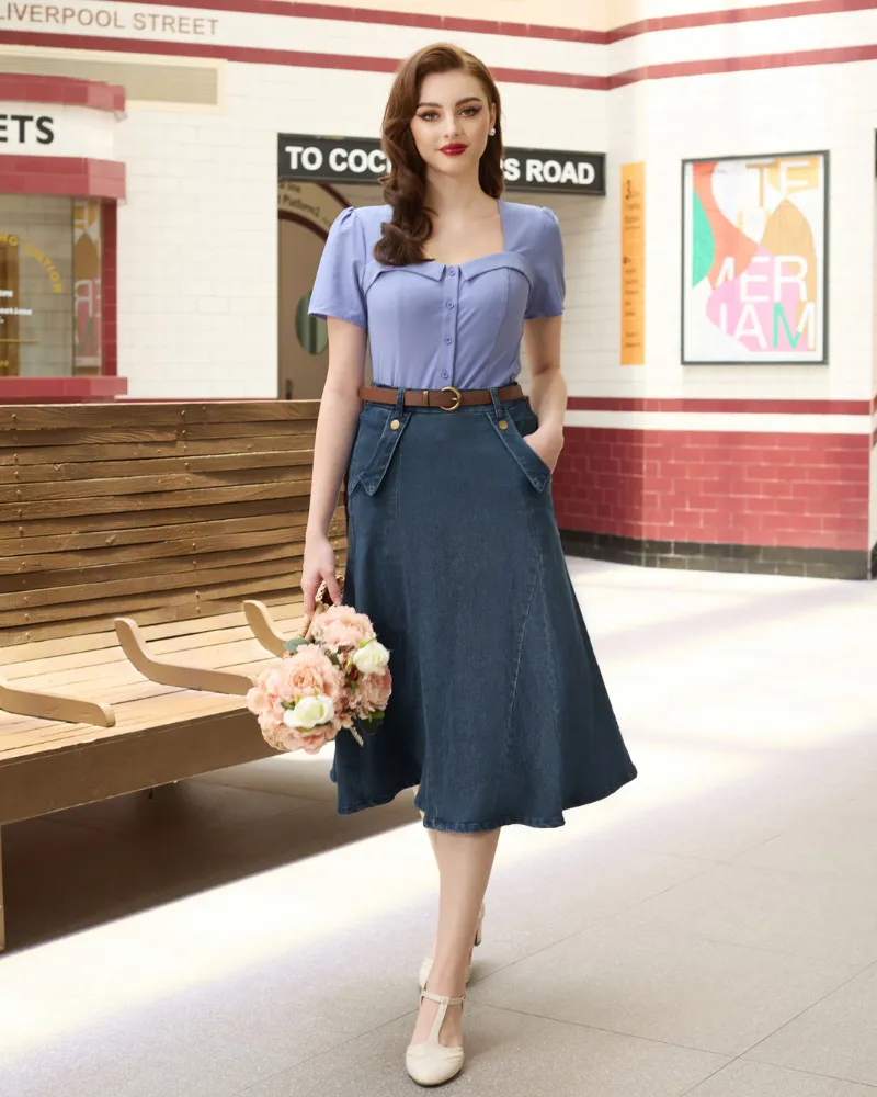 Denim Skirts Knee Length Vintage Elastic High Waist A-Line Midi Jean Skirts with Pockets