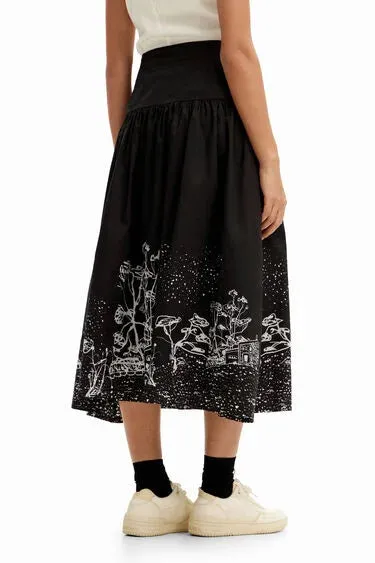 Desigual Poplin Landscape Midi Skirt - Black/White