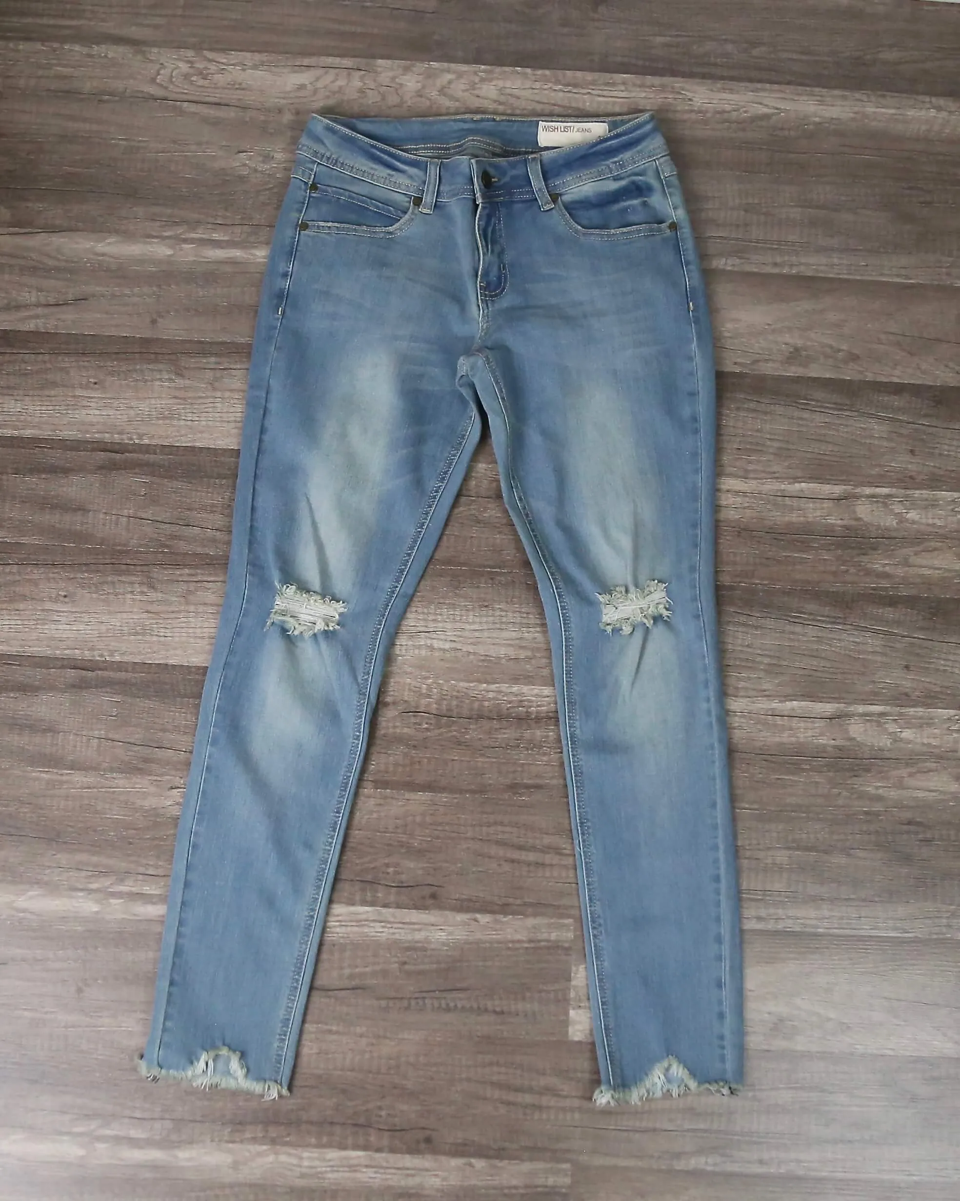 Destroyed Cropped Denim with Frayed Hem in Light Wash