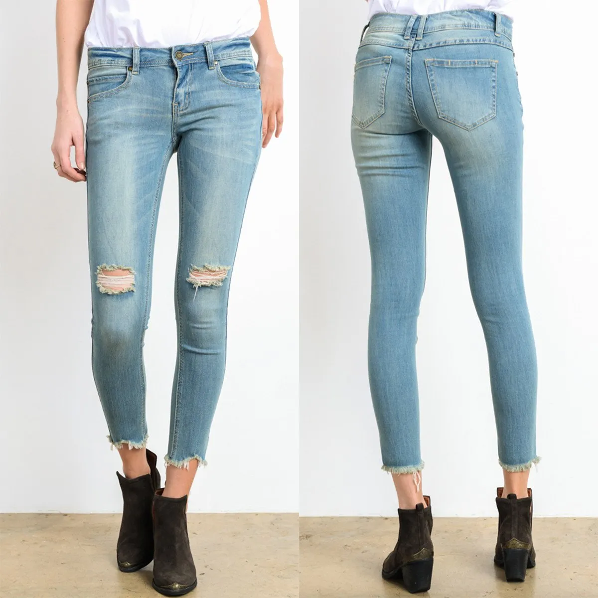 Destroyed Cropped Denim with Frayed Hem in Light Wash